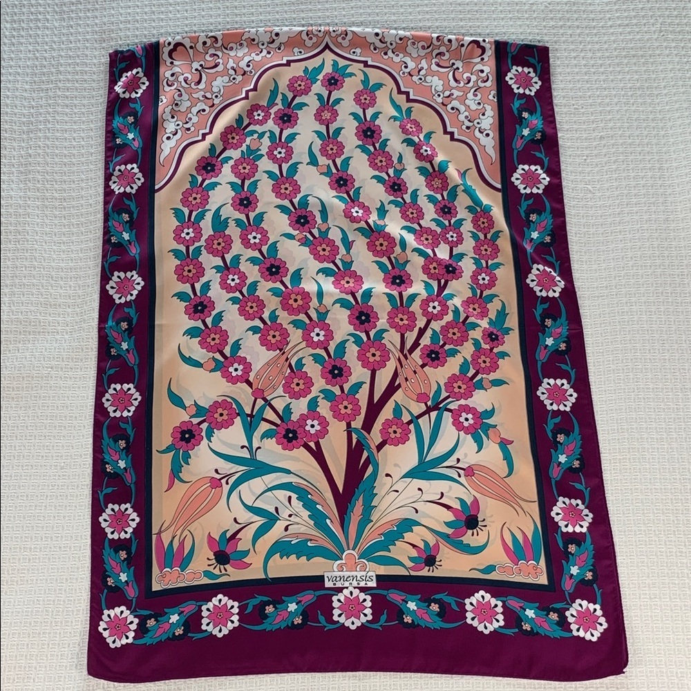 Vanensis Bursa silk scarf burgundy, pink, teal, tan, and ivory floral tree print
